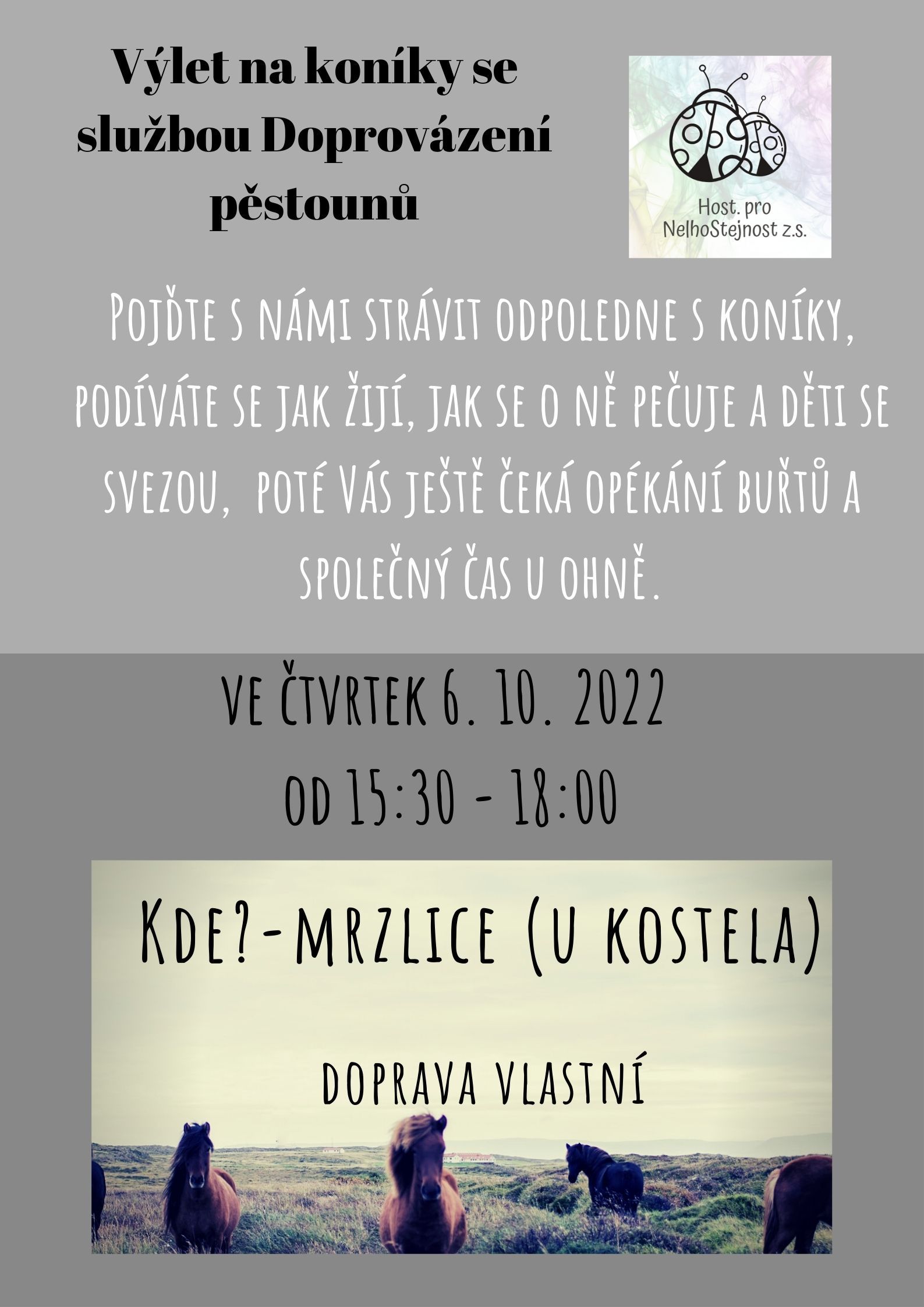 Pozvánka na výlet ke koním se službou doprovázení pěstounů.